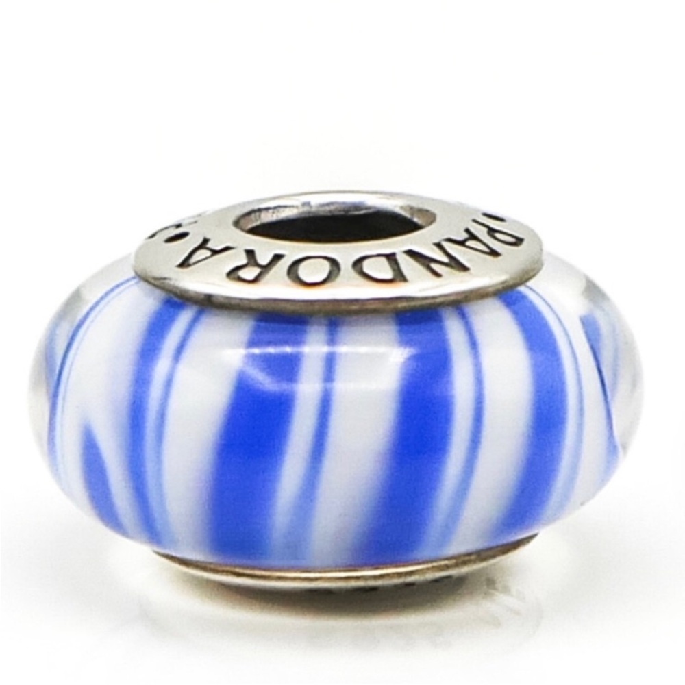 Pandora Blue and White Candy Stripe Murano Glass Bead/Charm with Silver Accent